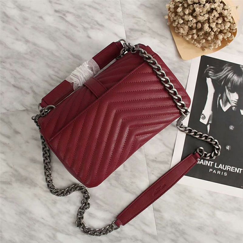 Saint Laurent Medium Classic College Chain Bag In Matelasse Leather Burgundy Silver