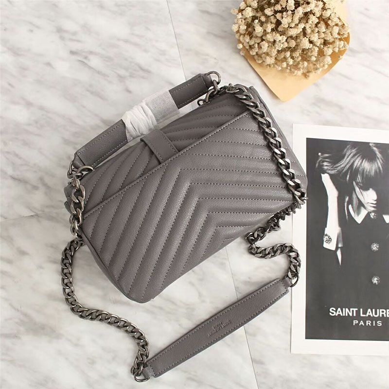 Saint Laurent Medium Classic College Chain Bag In Matelasse Leather Grey Silver