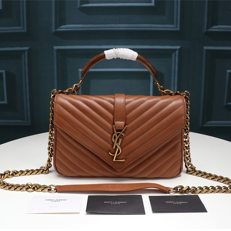 Saint Laurent Medium College Chain Bag In Crinkled Matelasse Leather Brown Gold