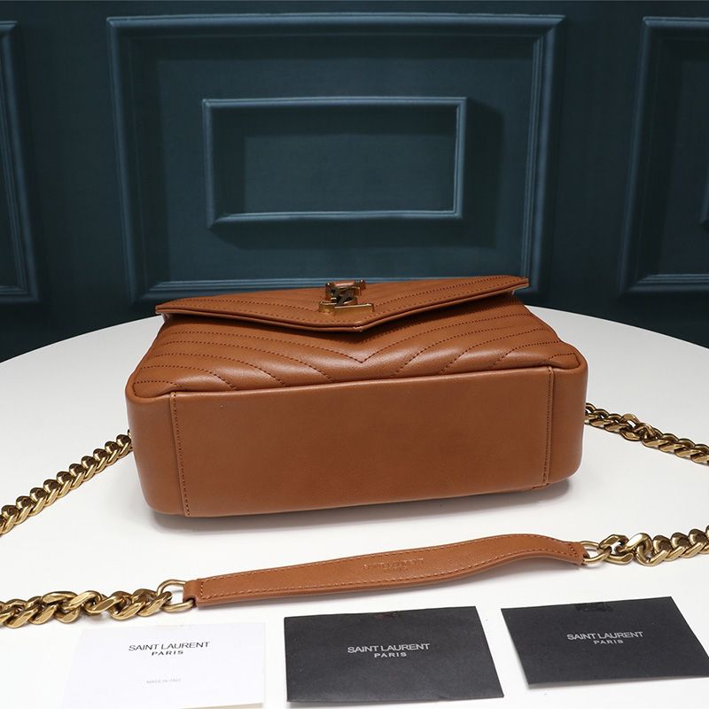 Saint Laurent Medium College Chain Bag In Crinkled Matelasse Leather Brown Gold