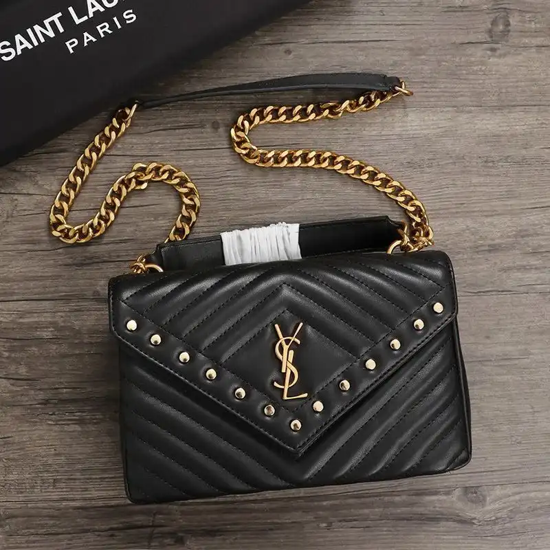 Saint Laurent Medium College Chain Bag In Studded Matelasse Leather Black Gold