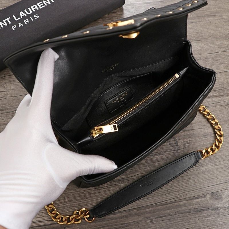 Saint Laurent Medium College Chain Bag In Studded Matelasse Leather Black Gold