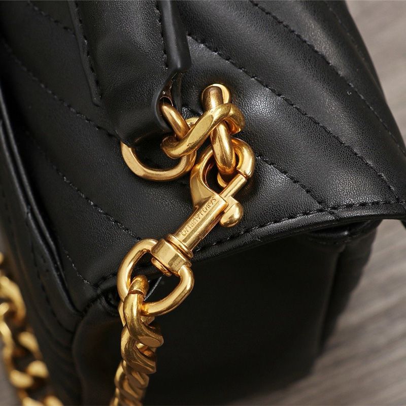 Saint Laurent Medium College Chain Bag In Studded Matelasse Leather Black Gold