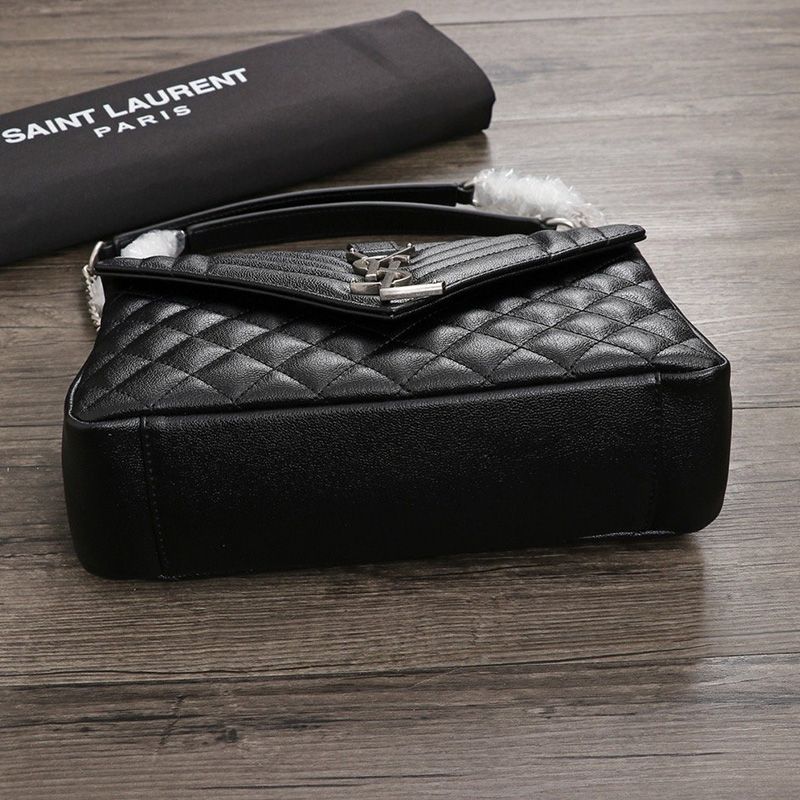 Saint Laurent Medium College Chain Bag In Textured Mixed Matelasse Leather Black Silver