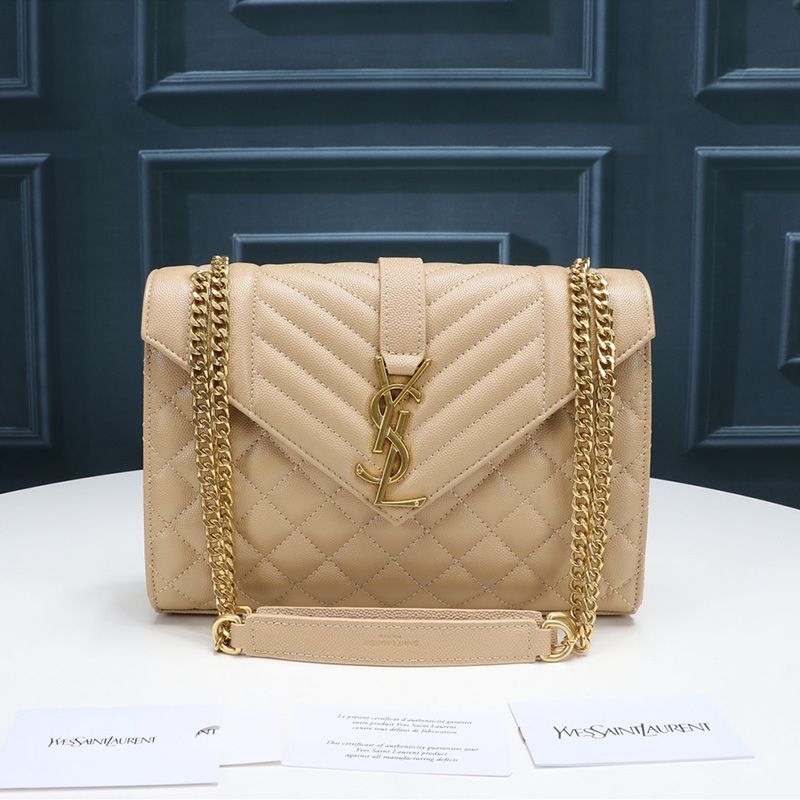 Saint Laurent Medium Envelope Chain Bag In Mixed Grained Matelasse Leather Apricot Gold