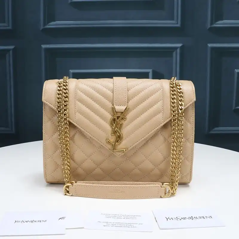 Saint Laurent Medium Envelope Chain Bag In Mixed Grained Matelasse Leather Apricot Gold