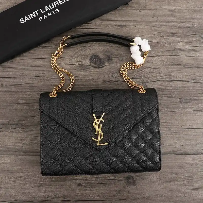 Saint Laurent Medium Envelope Chain Bag In Mixed Grained Matelasse Leather Black Gold