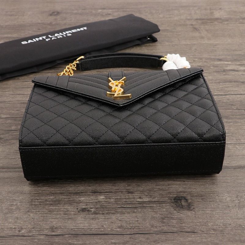 Saint Laurent Medium Envelope Chain Bag In Mixed Grained Matelasse Leather Black Gold