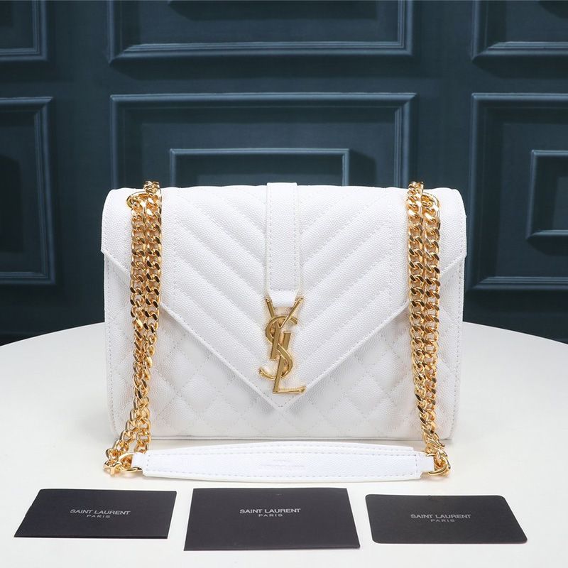 Saint Laurent Medium Envelope Chain Bag In Mixed Grained Matelasse Leather White Gold