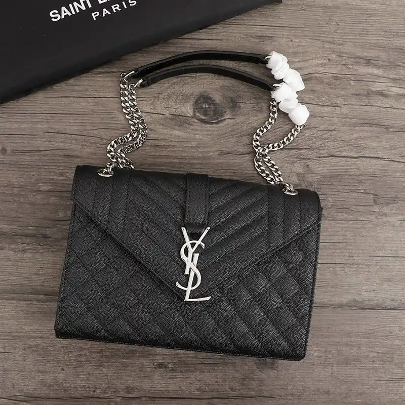 Saint Laurent Medium Envelope Chain Bag In Mixed Grained Matelasse Leather Black Silver