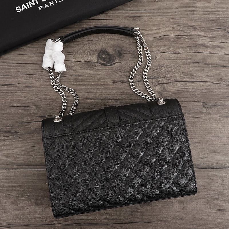 Saint Laurent Medium Envelope Chain Bag In Mixed Grained Matelasse Leather Black Silver