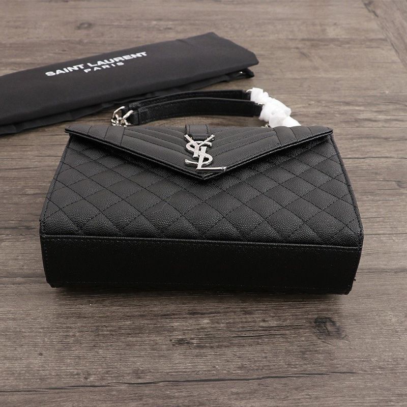 Saint Laurent Medium Envelope Chain Bag In Mixed Grained Matelasse Leather Black Silver