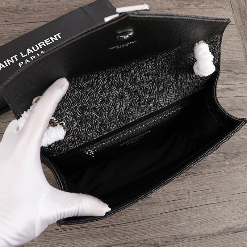 Saint Laurent Medium Envelope Chain Bag In Mixed Grained Matelasse Leather Black Silver