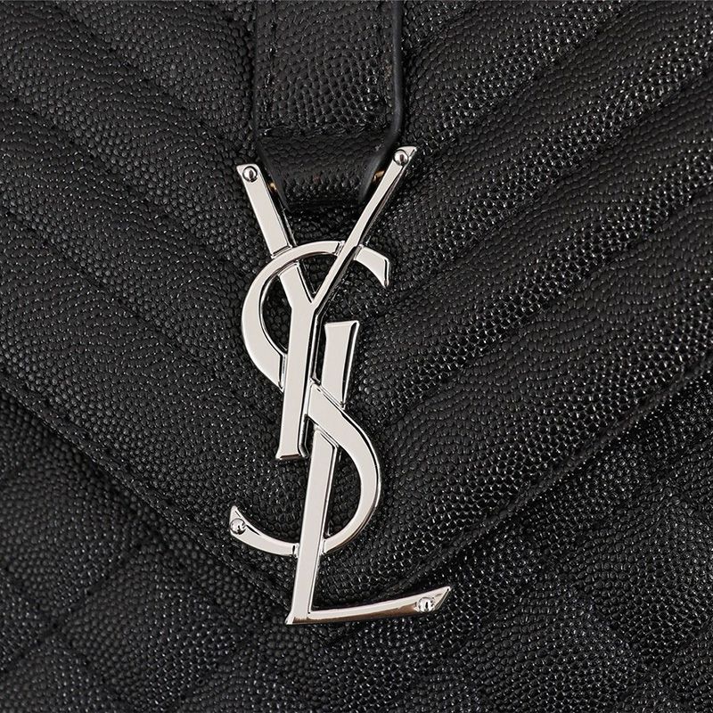 Saint Laurent Medium Envelope Chain Bag In Mixed Grained Matelasse Leather Black Silver