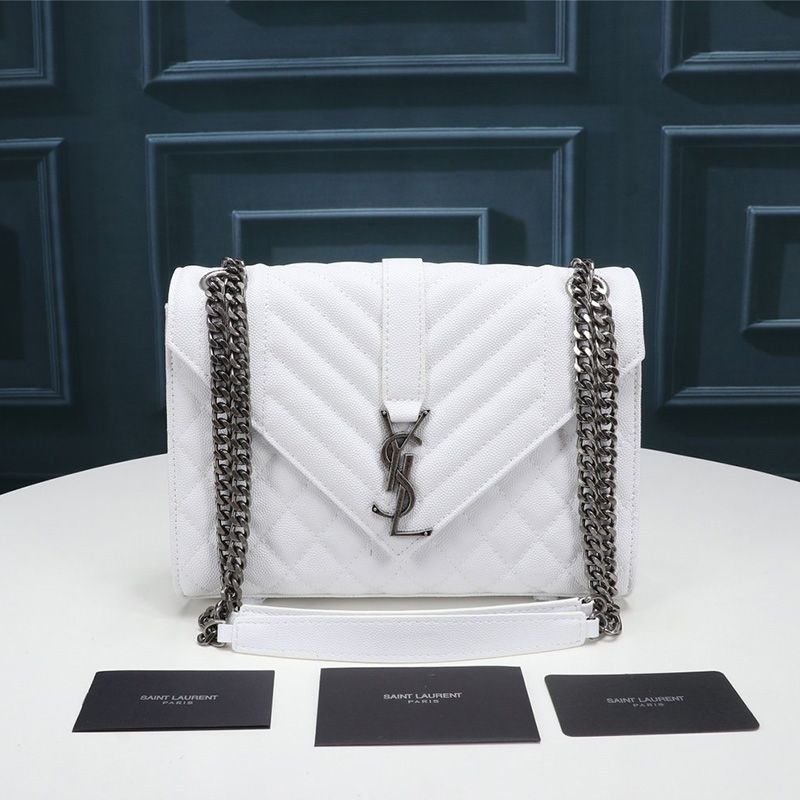 Saint Laurent Medium Envelope Chain Bag In Mixed Grained Matelasse Leather White Silver