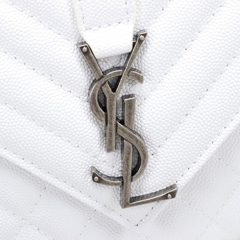 Saint Laurent Medium Envelope Chain Bag In Mixed Grained Matelasse Leather White Silver