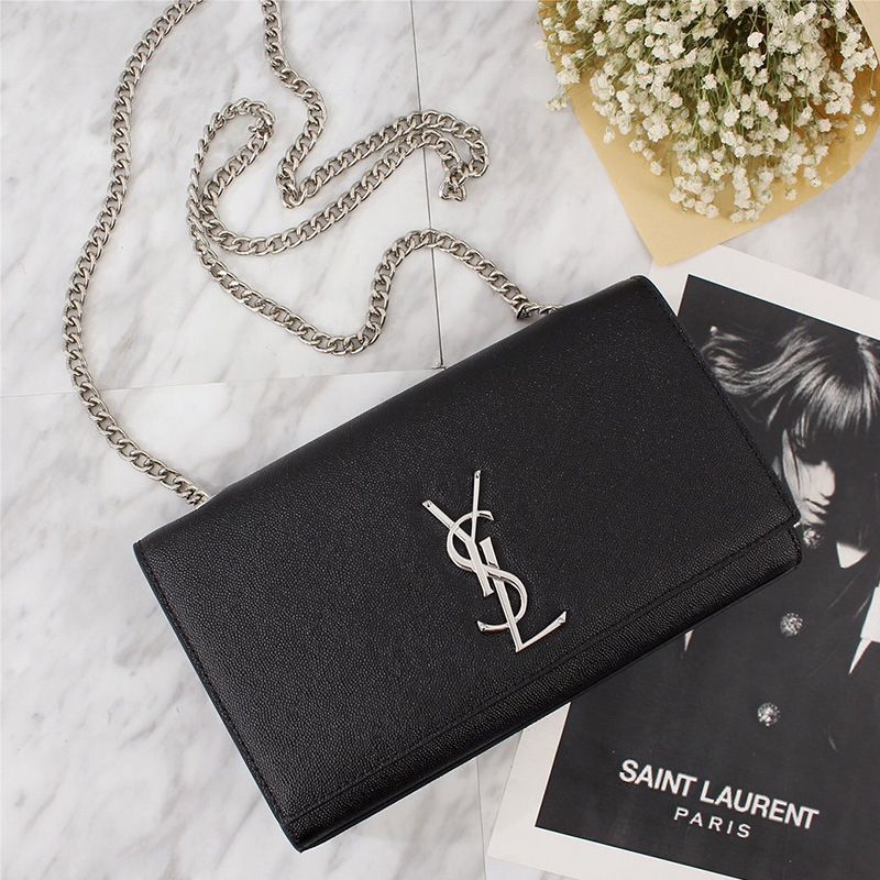 Saint Laurent Medium Kate Chain Bag In Grained Leather Black Silver