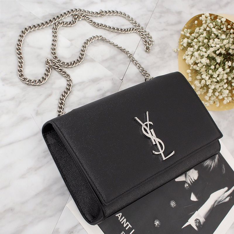 Saint Laurent Medium Kate Chain Bag In Grained Leather Black Silver