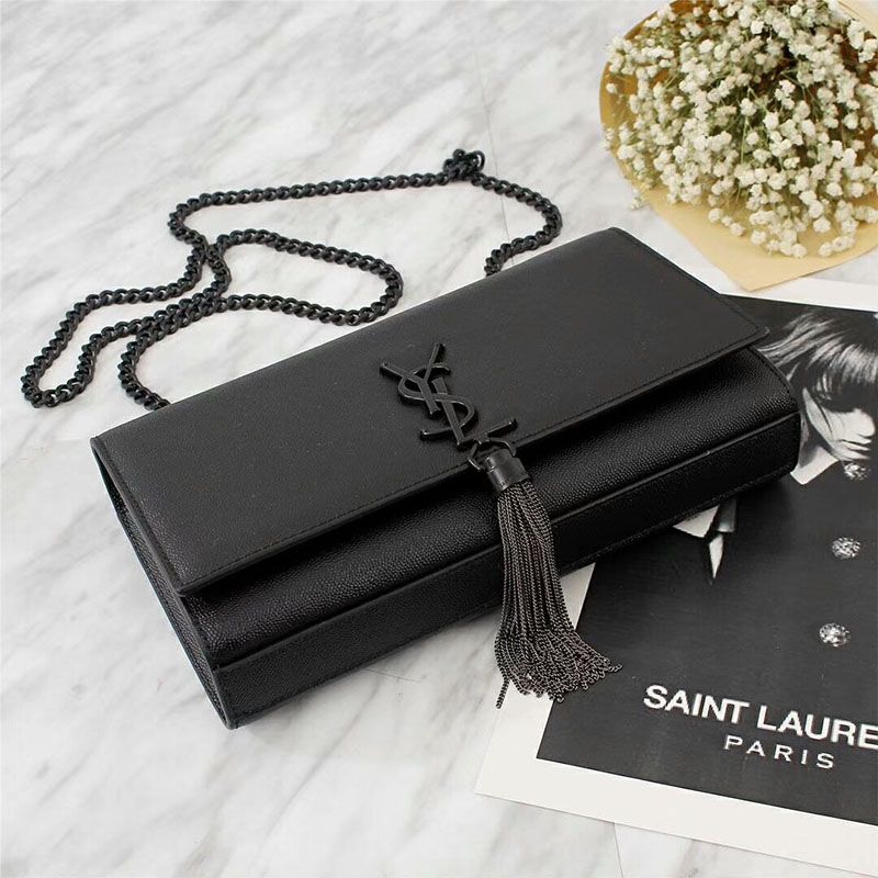 Saint Laurent Medium Kate Chain Bag with Tassel In Grained Leather Black