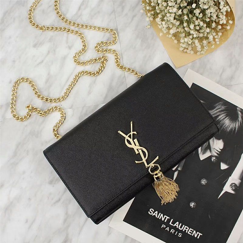 Saint Laurent Medium Kate Chain Bag with Tassel In Grained Leather Black Gold