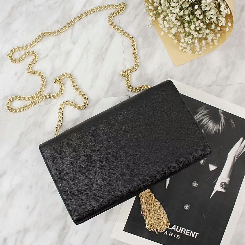 Saint Laurent Medium Kate Chain Bag with Tassel In Grained Leather Black Gold