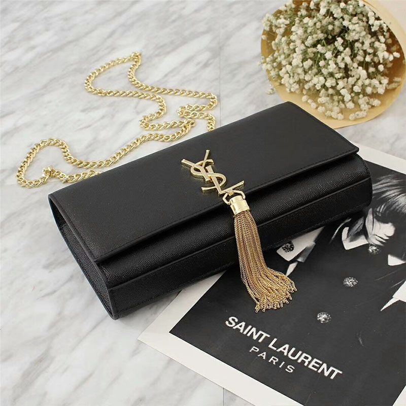 Saint Laurent Medium Kate Chain Bag with Tassel In Grained Leather Black Gold