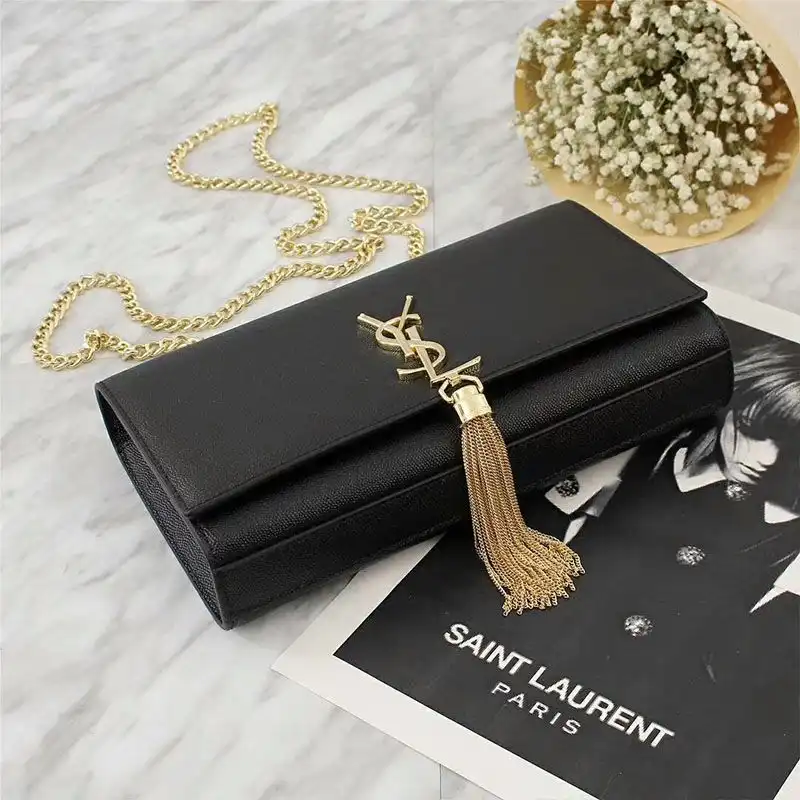 Cheap Saint Laurent Medium Kate Chain Bag with Tassel In Grained Leather Black Gold