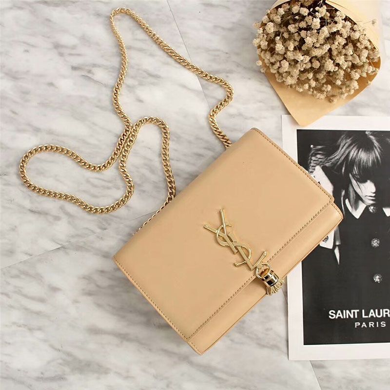 Saint Laurent Medium Kate Chain Bag with Tassel In Leather Apricot Gold