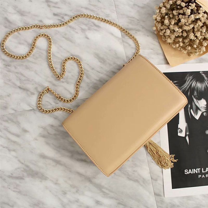 Saint Laurent Medium Kate Chain Bag with Tassel In Leather Apricot Gold