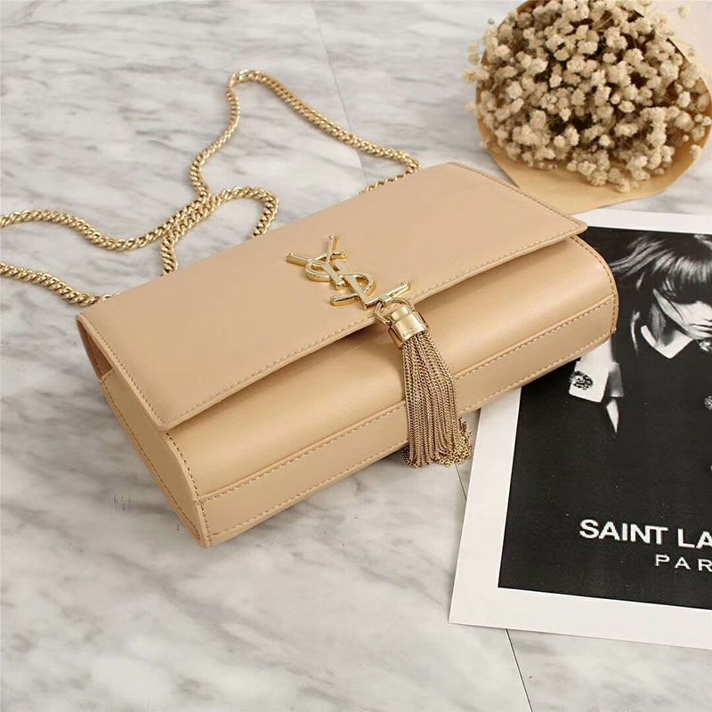 Saint Laurent Medium Kate Chain Bag with Tassel In Leather Apricot Gold