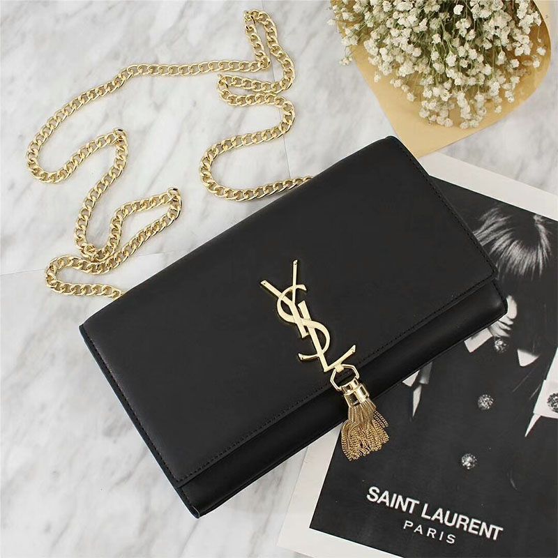 Saint Laurent Medium Kate Chain Bag with Tassel In Leather Black Gold