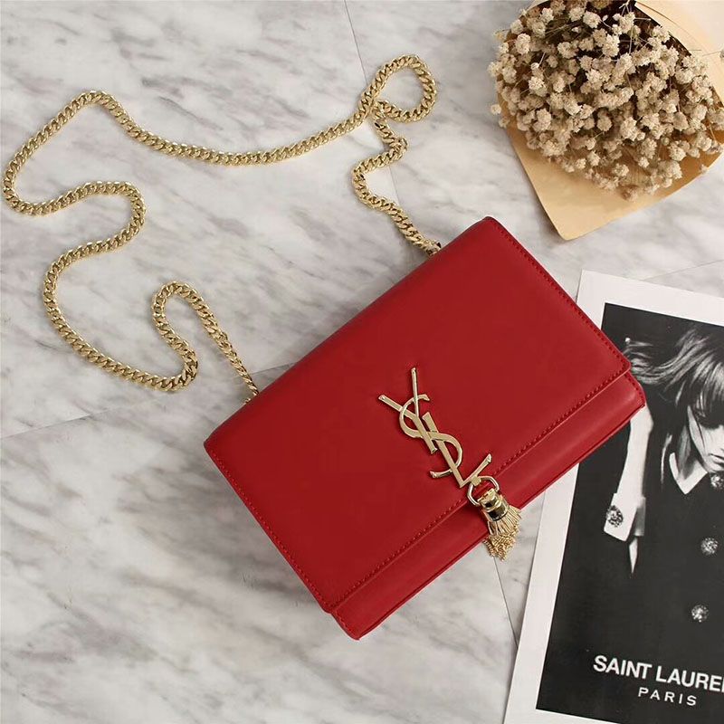 Saint Laurent Medium Kate Chain Bag with Tassel In Leather Red Gold