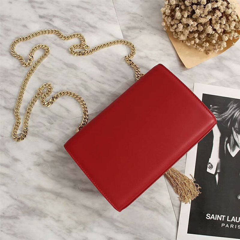 Saint Laurent Medium Kate Chain Bag with Tassel In Leather Red Gold