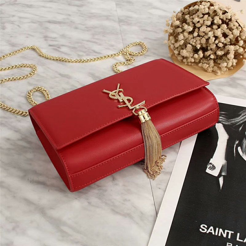 Saint Laurent Medium Kate Chain Bag with Tassel In Leather Red Gold