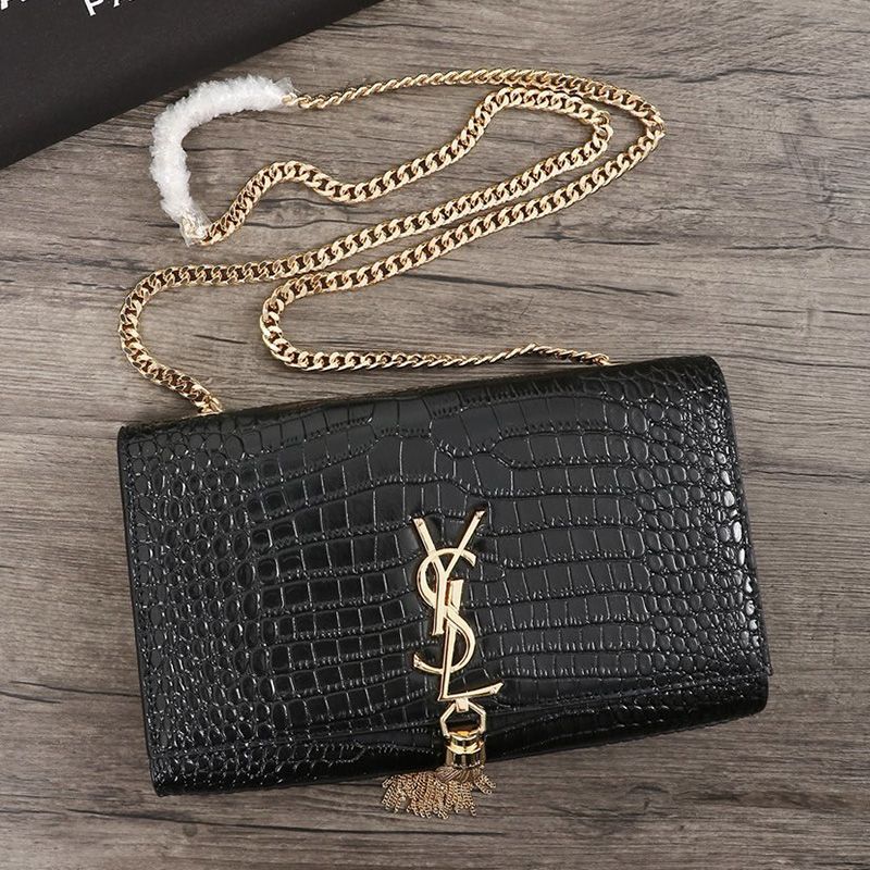 Saint Laurent Medium Kate Chain Bag with Tassel In Crocodile Embossed Shiny Leather Black Gold