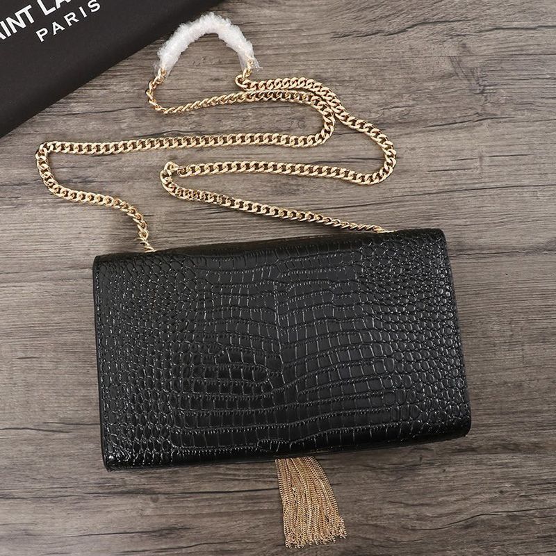 Saint Laurent Medium Kate Chain Bag with Tassel In Crocodile Embossed Shiny Leather Black Gold