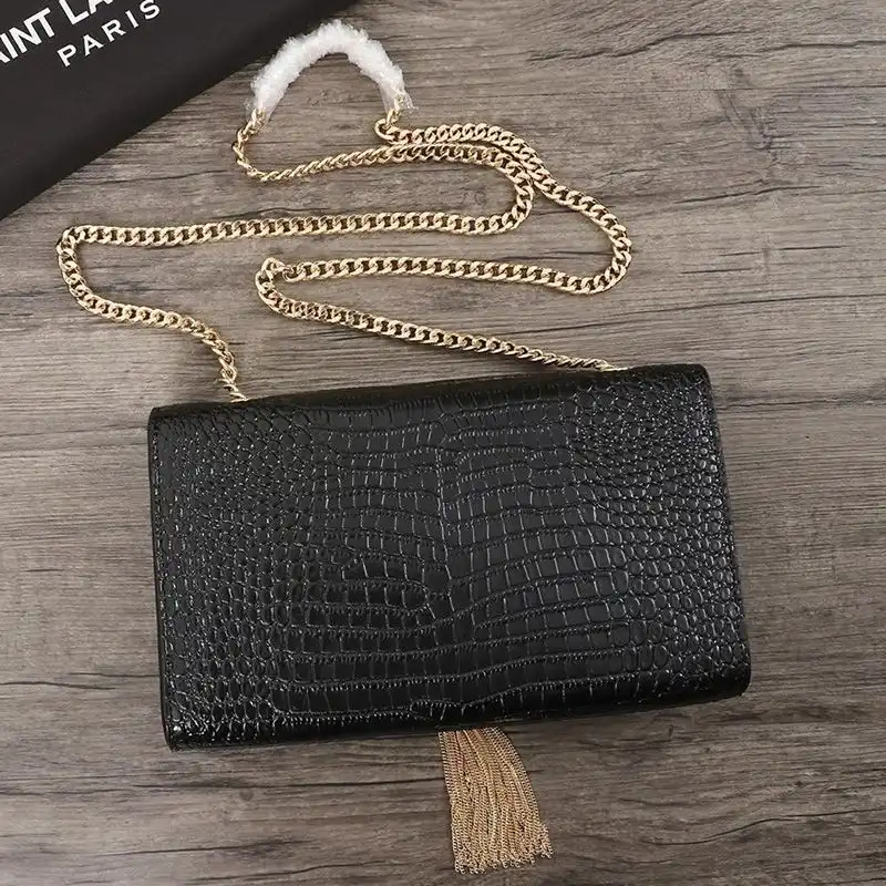 Cheap Saint Laurent Medium Kate Chain Bag with Tassel In Crocodile Embossed Shiny Leather Black Gold