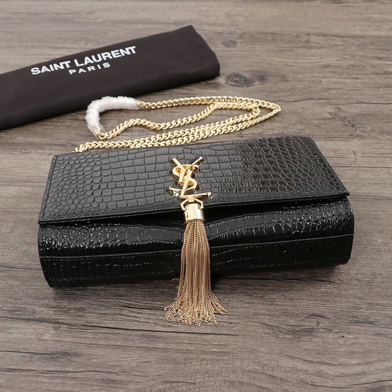 Saint Laurent Medium Kate Chain Bag with Tassel In Crocodile Embossed Shiny Leather Black Gold