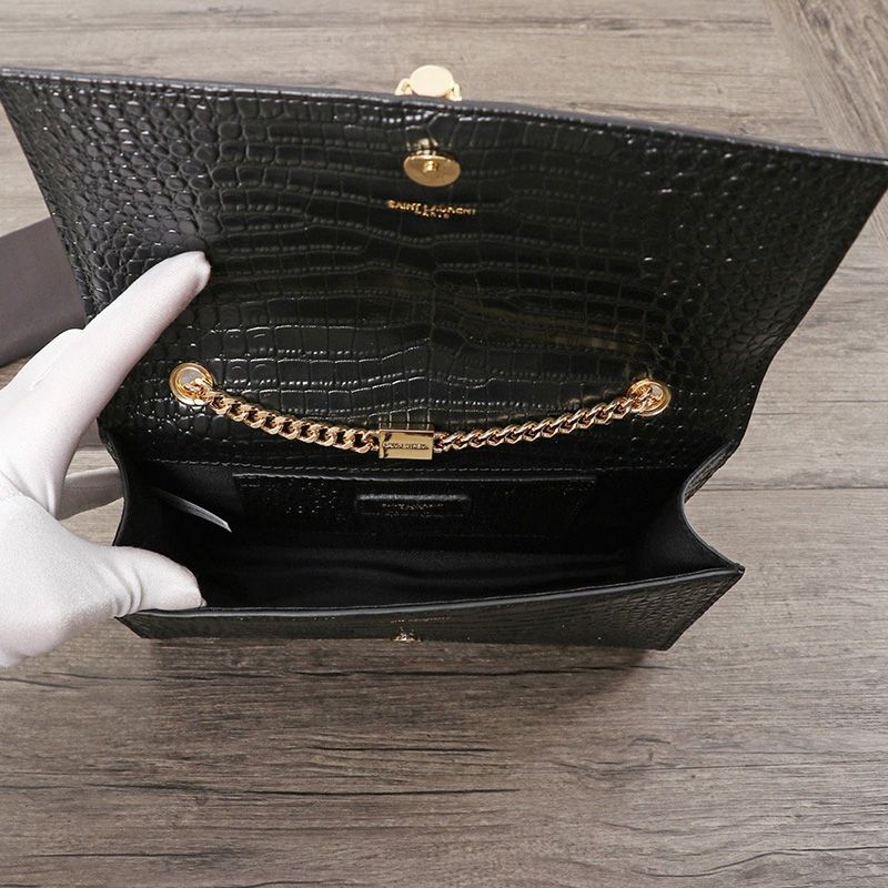 Saint Laurent Medium Kate Chain Bag with Tassel In Crocodile Embossed Shiny Leather Black Gold