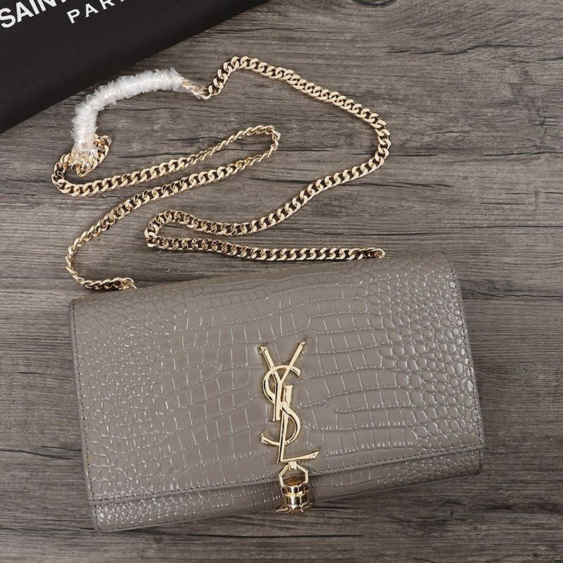 Saint Laurent Medium Kate Chain Bag with Tassel In Crocodile Embossed Shiny Leather Grey Gold