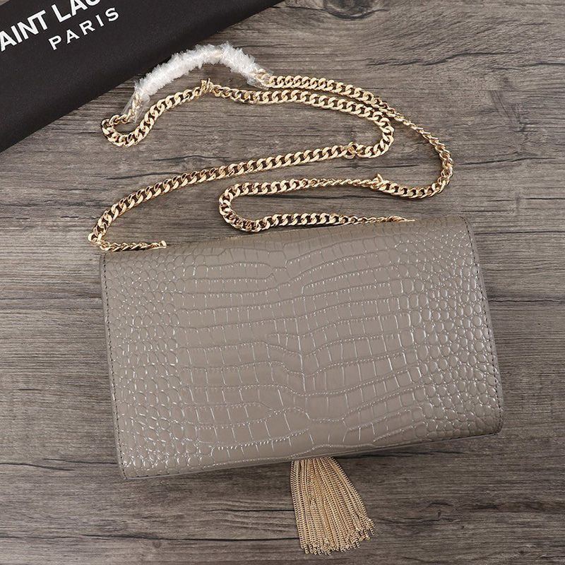 Saint Laurent Medium Kate Chain Bag with Tassel In Crocodile Embossed Shiny Leather Grey Gold