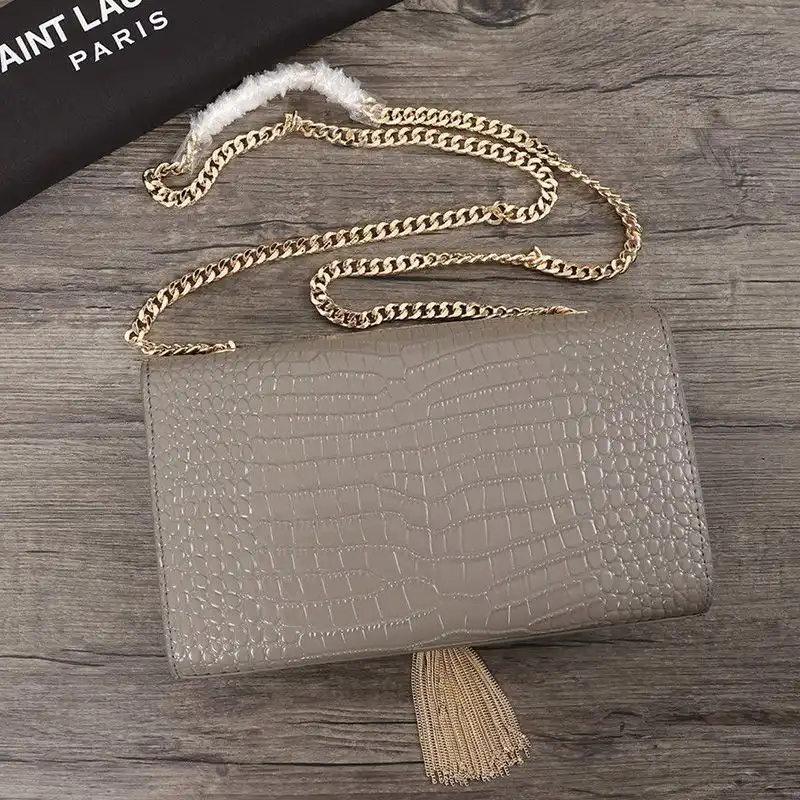 Cheap Saint Laurent Medium Kate Chain Bag with Tassel In Crocodile Embossed Shiny Leather Grey Gold