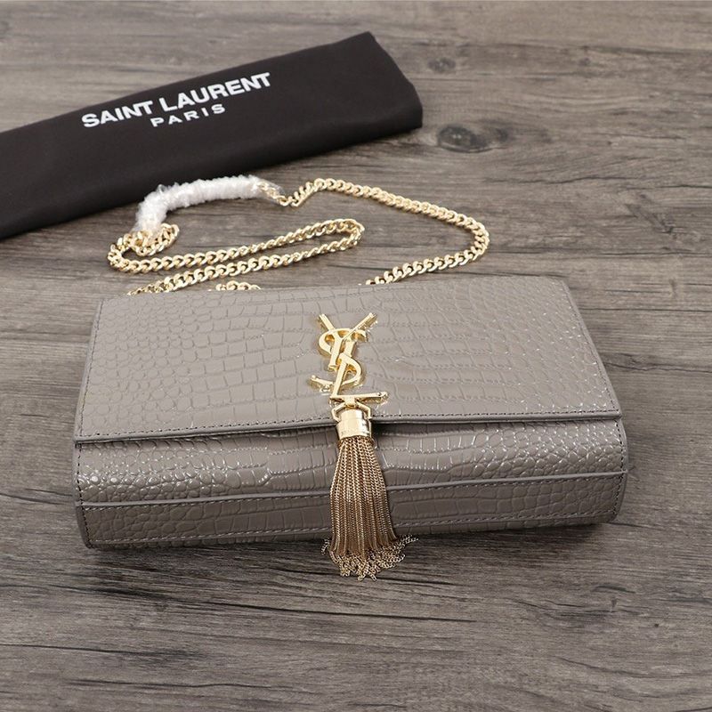 Saint Laurent Medium Kate Chain Bag with Tassel In Crocodile Embossed Shiny Leather Grey Gold