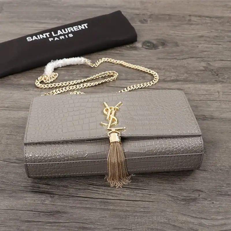 Cheap Saint Laurent Medium Kate Chain Bag with Tassel In Crocodile Embossed Shiny Leather Grey Gold