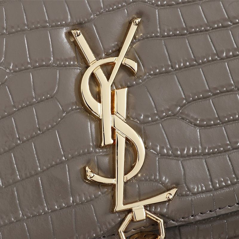 Saint Laurent Medium Kate Chain Bag with Tassel In Crocodile Embossed Shiny Leather Grey Gold