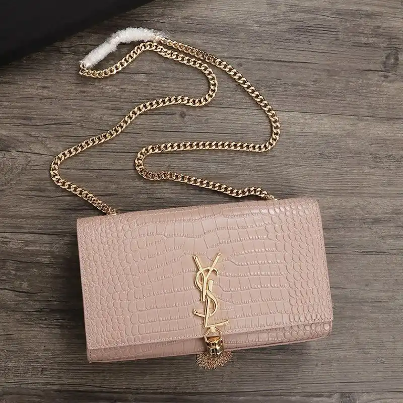 Saint Laurent Medium Kate Chain Bag with Tassel In Crocodile Embossed Shiny Leather Pink Gold