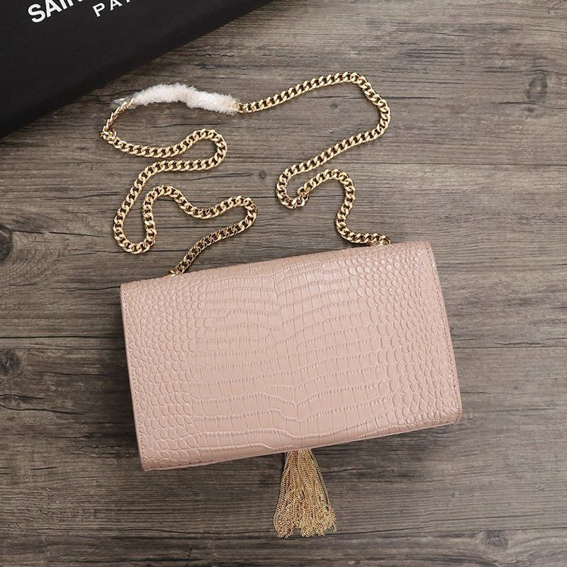 Saint Laurent Medium Kate Chain Bag with Tassel In Crocodile Embossed Shiny Leather Pink Gold