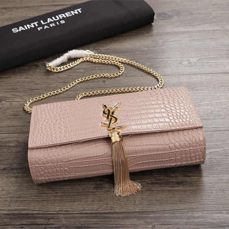 Saint Laurent Medium Kate Chain Bag with Tassel In Crocodile Embossed Shiny Leather Pink Gold