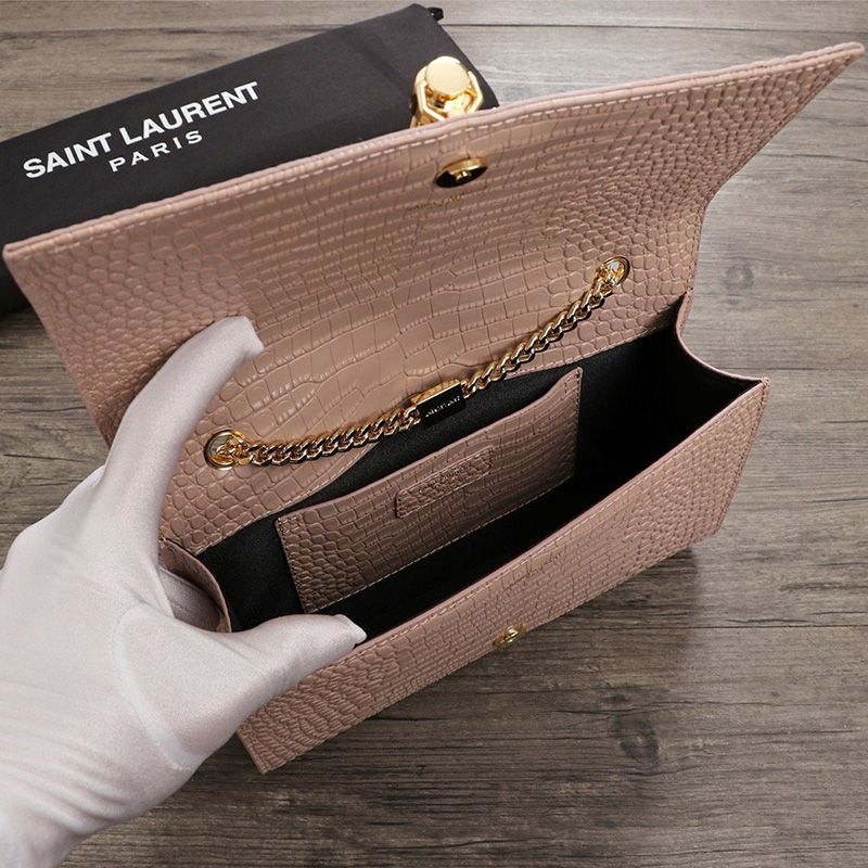 Saint Laurent Medium Kate Chain Bag with Tassel In Crocodile Embossed Shiny Leather Pink Gold