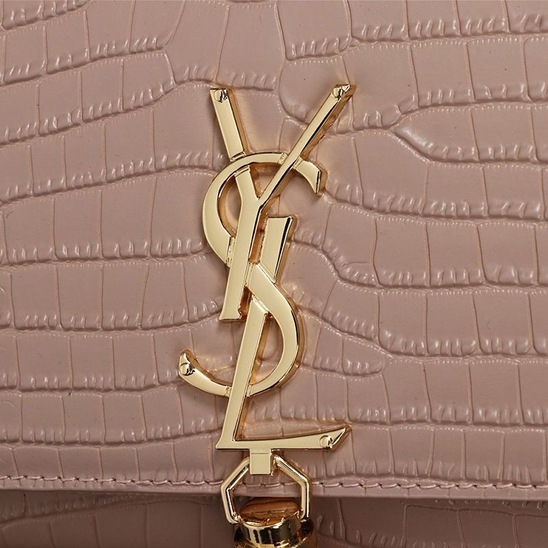 Saint Laurent Medium Kate Chain Bag with Tassel In Crocodile Embossed Shiny Leather Pink Gold